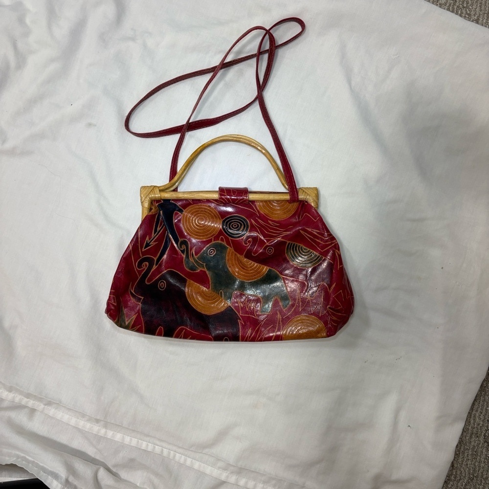 Vintage‎ Elephant Print Red, tan, Greenand Brown crossbody Handbag - Picture 4 of 9